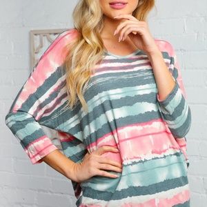 SALE!!   Pink and Green Striped Dolman Blouse - MADE IN USA - Los Angeles
